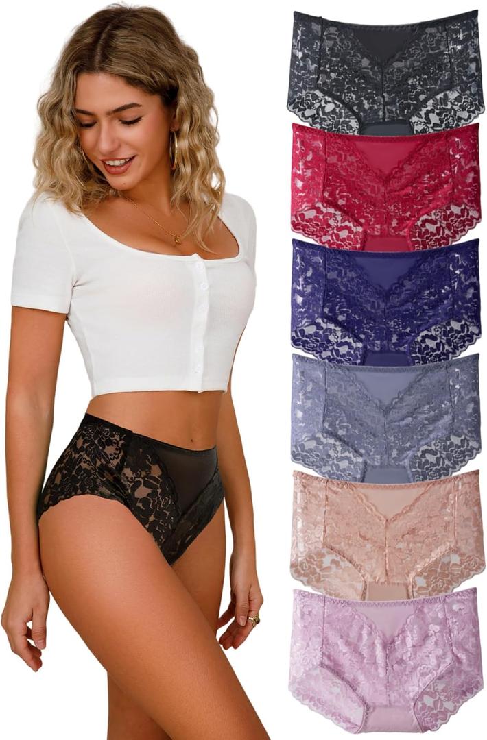 Sexy High Waisted Underwear for Women Plus Size Briefs Breathable Lace Panties High Waisted Cheekster Granny Panties (6pcs-black/Red/Nude/Purple/Blue/Navy Blue) XL