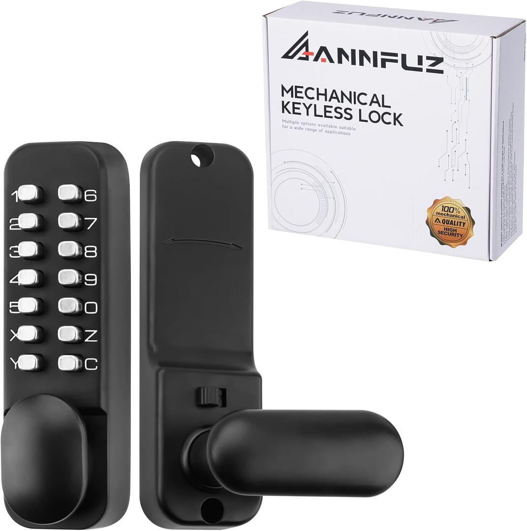 Full Mechanical Keyless Entry Door Handle Lock with Keypad,Single-Sided Push Button Combination Code Lever Lock,Auto Locking,Interior Hold-Opening,for Front Gate,No Battery(Matte Black)