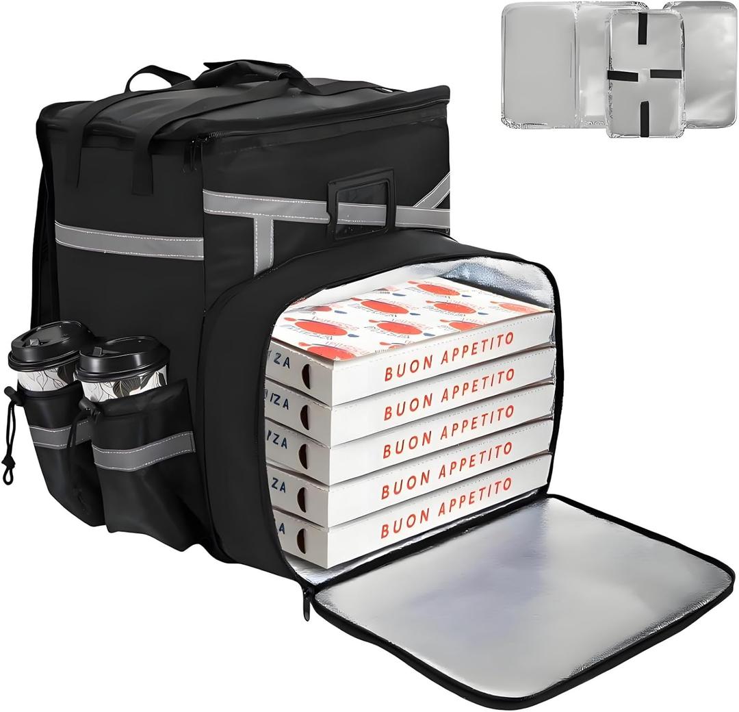 Food Delivery Backpack, Expandable Insulated Pizza Bag with 4 Cup Holders, Large Waterproof Catering Bag with Reflective Strip Support Boards for Delivery Bike, Doordash