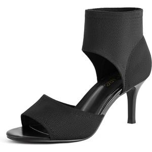 Peep Toe Heels for Women Sexy 3 Inches Stiletto Heeled Sandals for Women Open Toe Wide Stretchy Knit Heel Sandal Booties Slip On Comfortable Dressy Shoes for Prom, Party and Work Size 7 1/2