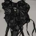 Sexy Strappy Lace Up Underwire Sheer Leather Garter Belt Teddy Bodysuit Lingerie Top 2 Piece Set (Small, Black)