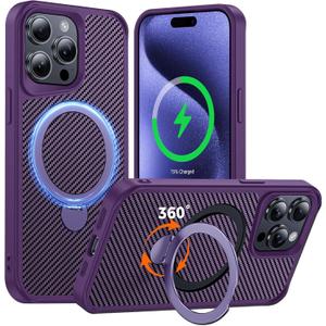 FlyReal Designed for iPhone 15 Pro Case with 360 Magnetic Stand, Carbon Fiber Phone Case [Compatible with Magsafe] [16FT Military Protection] with Rotatable Ring Stand 6.1'', Deep Purple