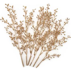 Artificial Golden Berry Stem Decorations, Fake Bead Sticks Picks Plastic Plants for Home Party Christmas Berries Stems Tree Ornaments Wreath Crafts DIY Gift Wedding Bouquet Xmas Decor Gold 6 Pcs