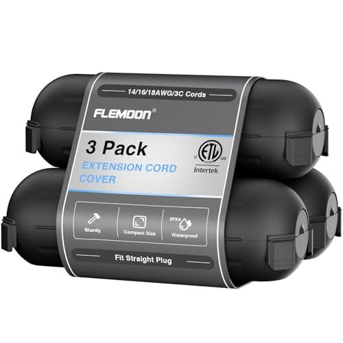 Flemoon [3 Pack] Outdoor Extension Cord Safety Cover with Waterproof Seal, Weatherproof Electrical Connection Box to Protect Outdoor Outlet, Plug, Socket, Christmas Holiday Decoration Light, Black
