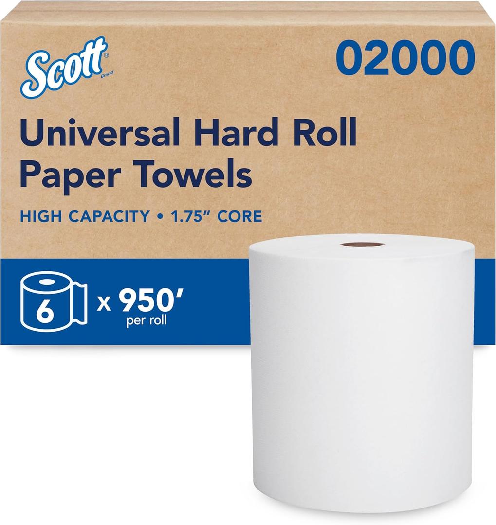 Scott Professional Essential Universal High-Capacity Hard Roll Paper Towels, Bulk (02000), Hardwound 1.75" Core, White, Compact for Easy Storage (6 Rolls at 950' Each, 5,700'/Case)