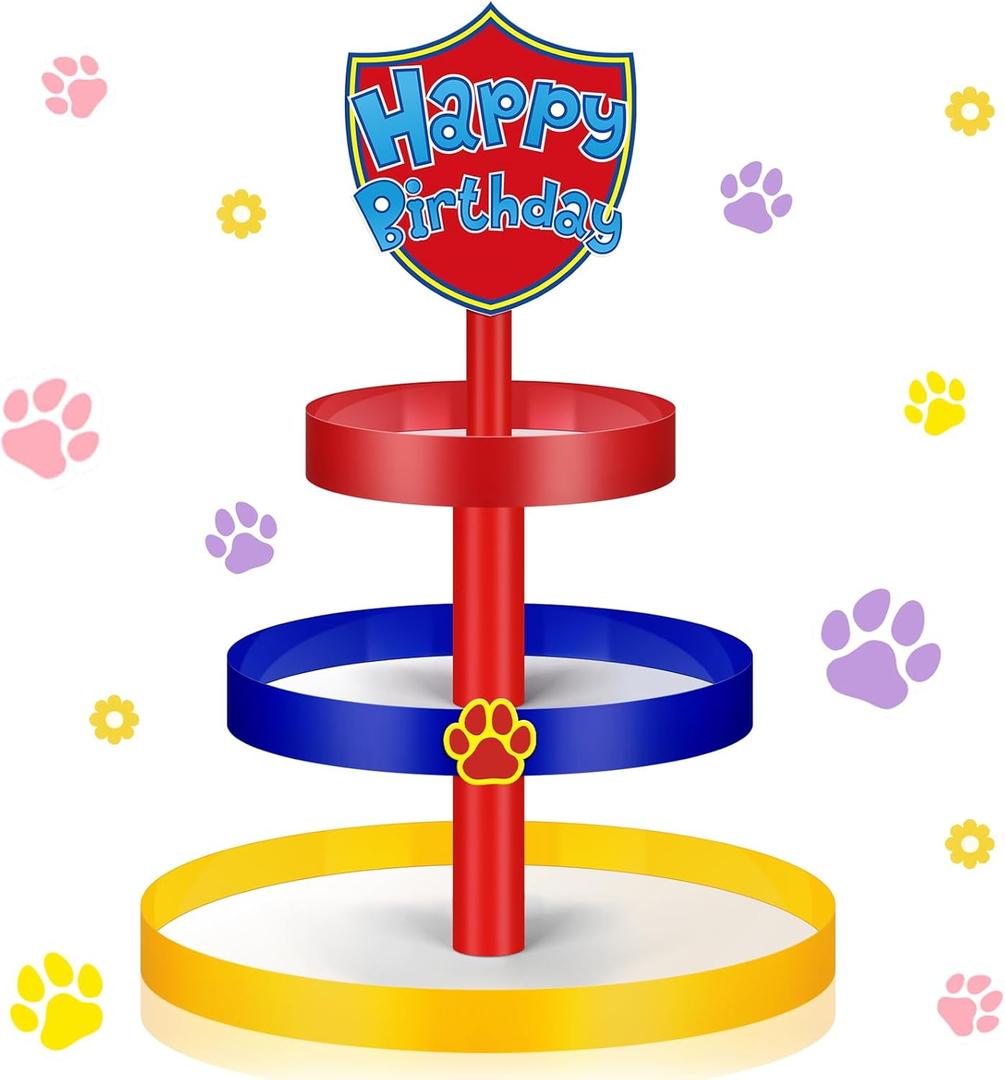 Paw Birthday Party Decoration Paw Cupcake Stand 3 Tier PVC Red Blue Yellow Cake Stand Dessert Tower Holder Cartoon Dog Themed Party Supplies Cupcake Topper Tower Puppy Table Decoration