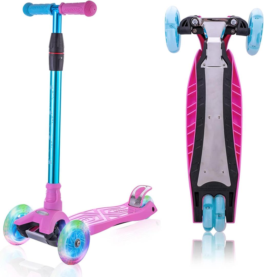 3 Wheel Scooter for Kids Ages 6-12,Kids Scooter with Light Up Wheels, Sturdy Deck Design, and 4 Height Adjustable Suitable for Kids Ages 3-12 (Pink)