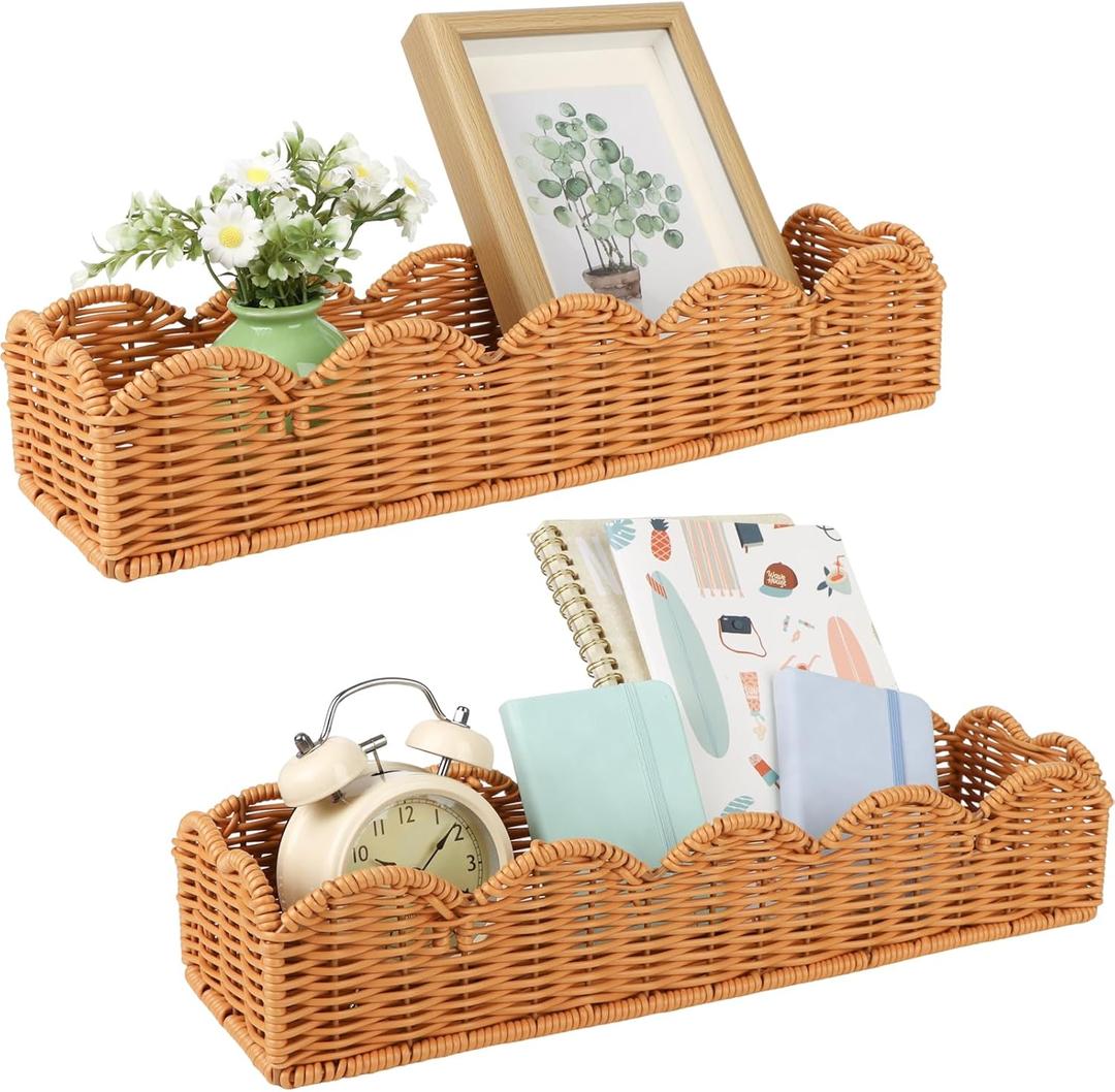 2 Set Nursery Book Shelves Scalloped Plastic Artificial Rattan Classroom Wall Shelf 15.8 Inch Wall Mounted Floating Bookshelve, Hanging Boho Wicker Woven Shelf for Bedroom Farmhouse Decor (2, Brown)