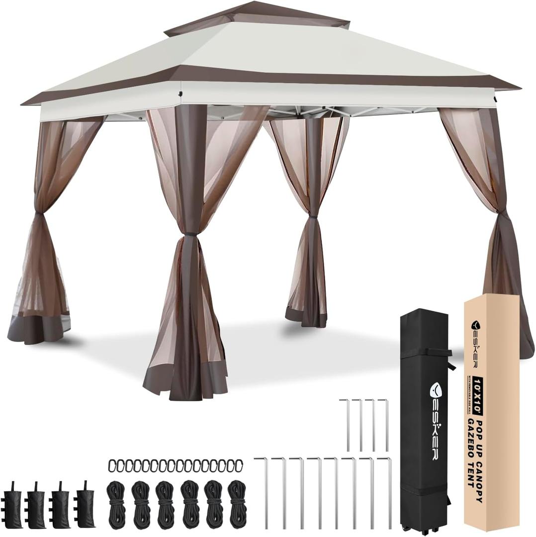 Yesker 10x10 Pop Up Canopy Tent w Mesh Netting Sidewall Vented Top - Heavy Duty Outdoor Canopy, Easy Setup Shelter Gazebo Waterproof 10x10 Popup Tnets for Patio Backyard Parties & Events, Khaki Brown