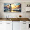 Large Jesus Canvas Wall Art Jesus Walking on Water Wall Decor for Living Room Office Inspirational Christian Picture Prints Sunset Ocean Coastal Painting Religious Poster Artwork Decorations 24x48”
