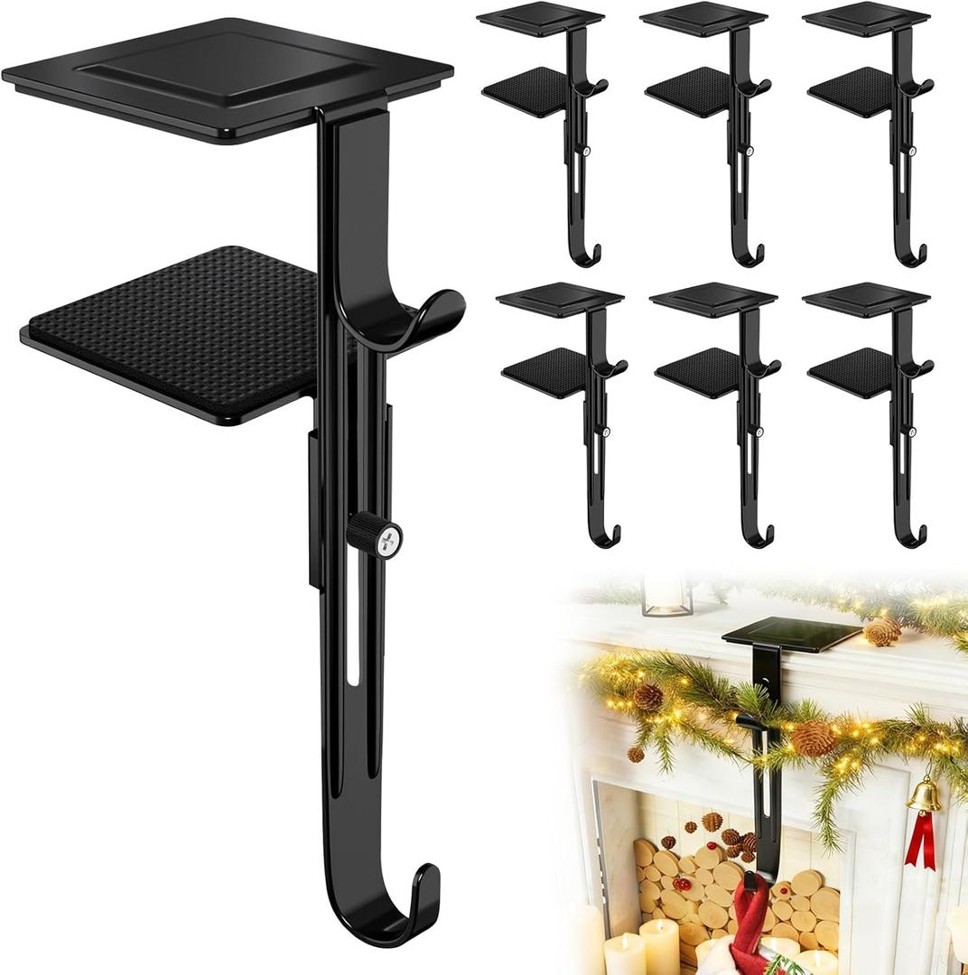 6 Pack Christmas Fireplace Stocking and Garland Hanger, 2 in 1 Adjustable Mantle Garland Hanger, No Drill Stocking Holder Hanger for Mantle, Fits Mantles from 0.5" to 3.5" Thick, Black