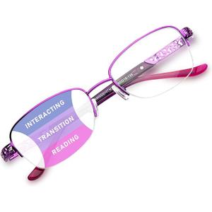 DEHOTRE Progressive Multifocal Reading Glasses Women No Line Bifocal Readers with Nose Pad Metal Half Frame Mid-Near Range 3ft Purple 2.00