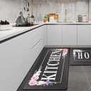 Flowers Home Kitchen Mat Sets 2PCS Non Skid Waterproof Kitchen Rugs and Runner Sets Cushioned Anti-Fatigue Comfort Mat for Home,Office Memory Foam Kitchen Rug, 17.3"30"+17.3"47",Black (1'5" x 3'11" (Rectangular))