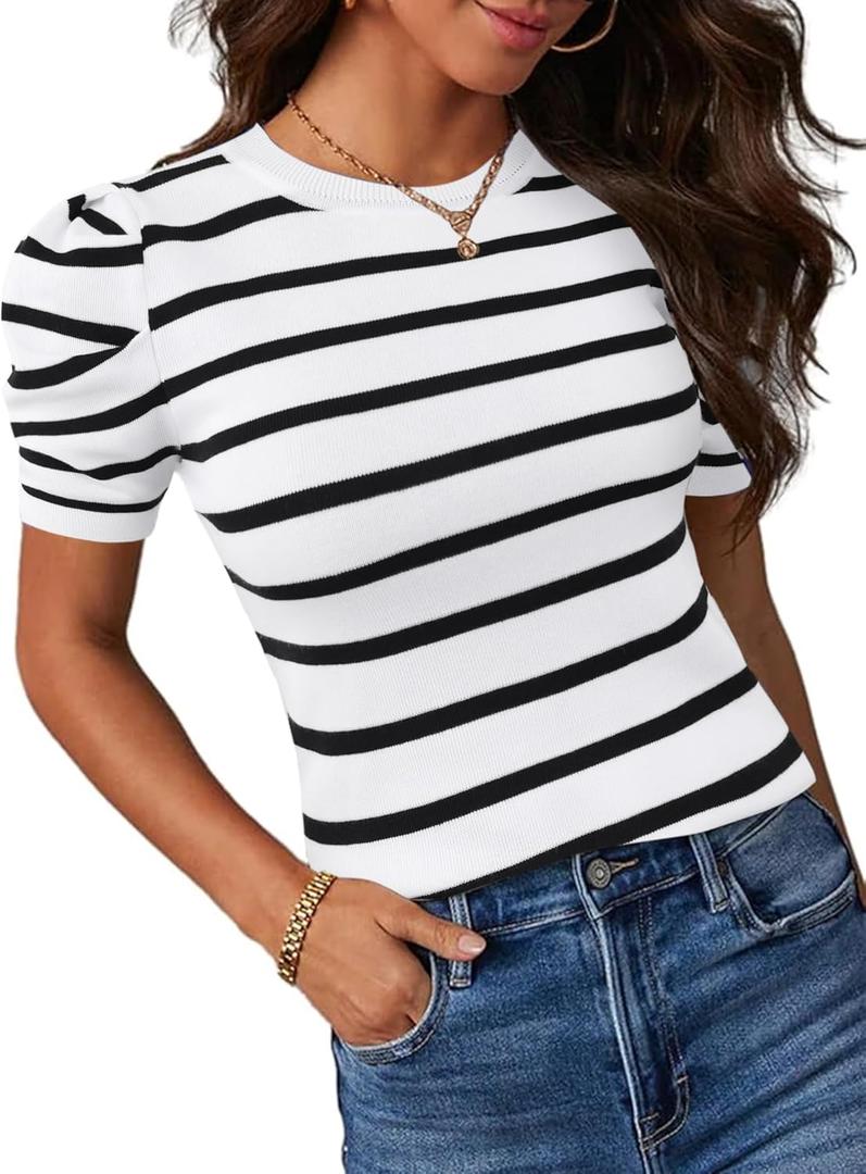 Avanova Women Striped Puff Sleeve Short Sleeve Tops Sweater Ribbed Knit Casual Shirts Blouse White Striped X-Large