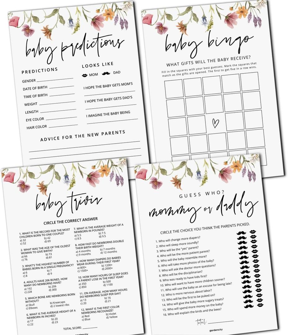GardenCity Baby Shower Games Set for 25 Guests - 4 Fun Activities, Baby in Bloom/Floral Theme, 50 Double-Sided Cards (Wildflower)