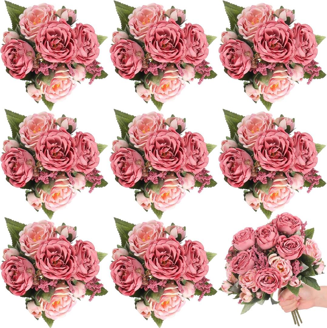 8 Bundles Artificial Peonies Flowers Boho Faux Flowers Arrangements Artificial Centerpiece Spring Bouquet Floral Wedding Decoration for Vase(Dark Pink) (Dark Pink)