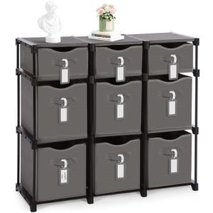 9 Cube Storage Organizer Shelf with Storage Bins and Label, 11 Inch Toy Cube Bins Clothes Closet Organizers Drawers Fabric Dresser for Living Room, Bedroom, Playroom, Dorm(Gray)