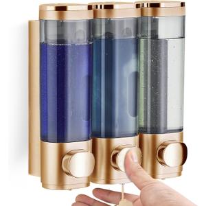 Shower Soap Dispenser Wall Mounted Shampoo and Conditioner Dispenser No Drill 3 Chamber Large Capacity for Bathroom Hotel, Gold