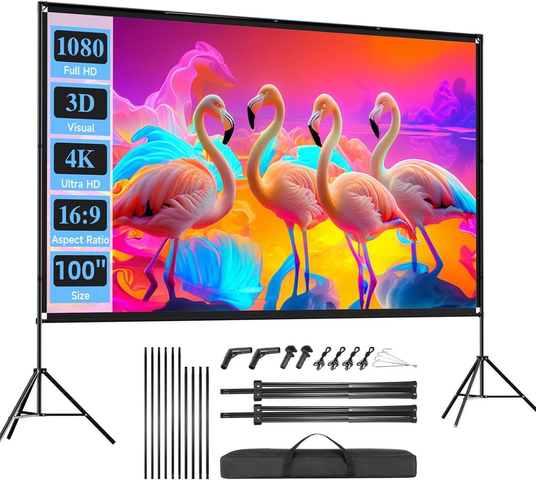 Outdoor Projector Screen with Stand, SCREENMAX 100 inch Foldable Projector Screens with Portable Carry Bag, 16:9 4k HD Rear Front Wrinkle-Free Projection Screen for Movie Night and Indoor Home Theater