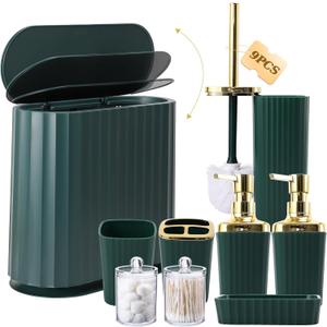 Dark Green and Gold Bathroom Accessories Set 9PCS, Bathroom Sets Slim Narrow Trash Can with Press Top Lid, Toilet Brush, Soap Dispenser, Toothbrush Holder Set, Soap Dish, for Bathroom, Kitchen