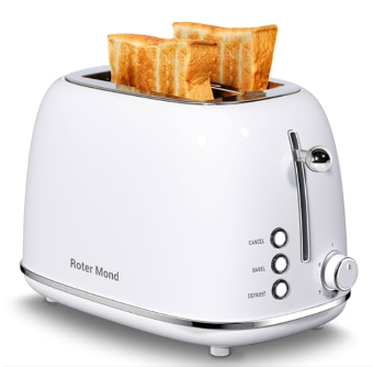 Roter Mond 2 Slice Toaster Retro Stainless Steel with Bagel, Cancel, and Defrost Functions, 6 Bread Shade Settings, Extra Wide Slots and Removable Crumb Tray, White