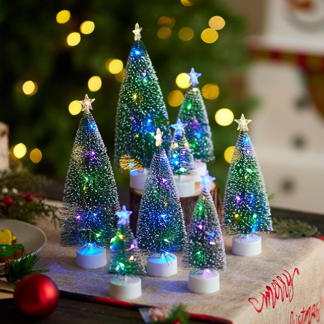 JOYIN 8 Pcs Mini Xmas Tree with LED Lights, Prelit Classic Small Christmas Decor in 4 Sizes with Star Topper, Tabletop Artificial Tree with Snow for Xmas Indoor Home Decor Holiday Festive (Green)