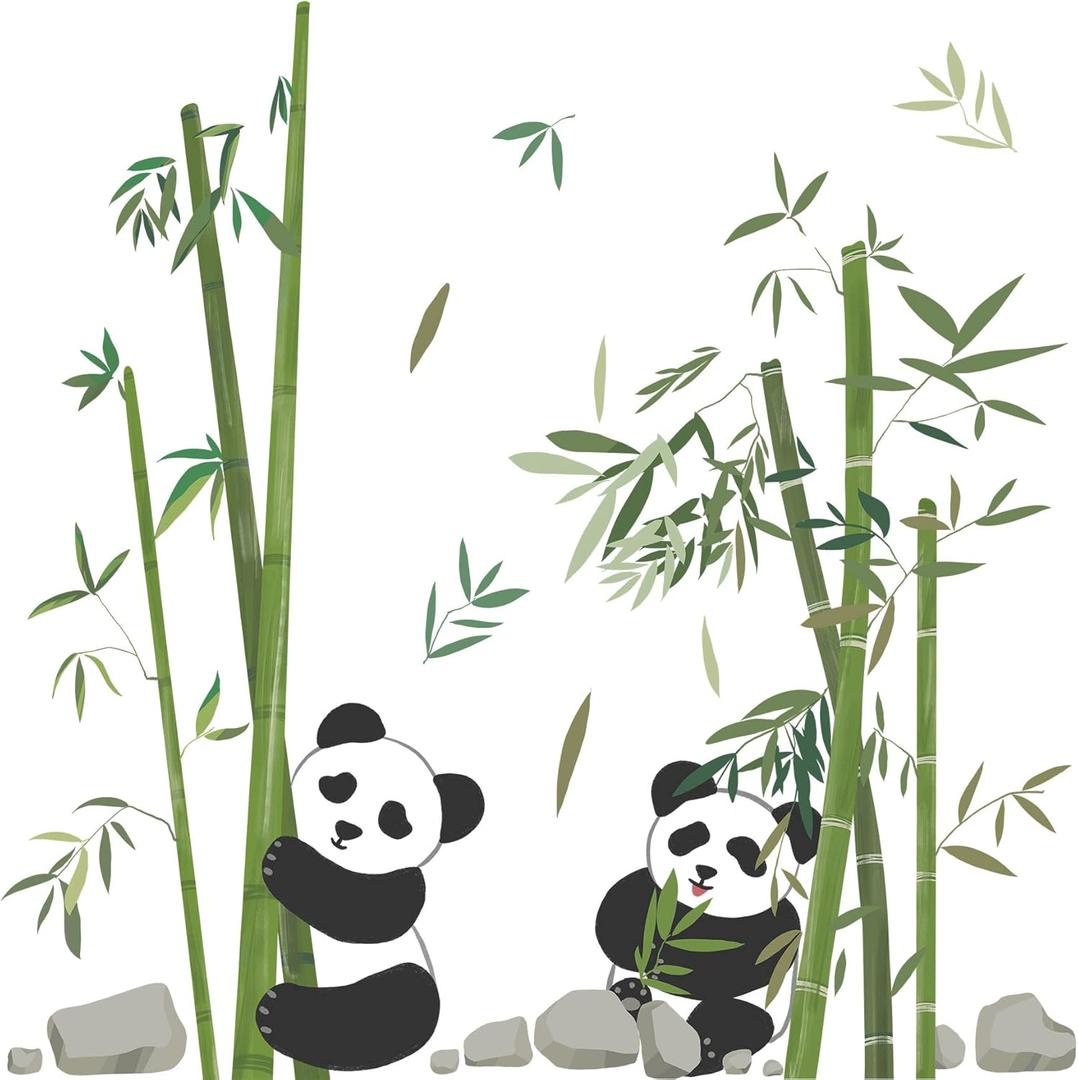 Panda Eating Bamboo Wall Decal Cute Cartoon Panda Wall Stickers Living Room Bedroom Sofa TV Wall Decals Bamboo Green Plants Self Adhesive Removable DIY Art Decor Wall Stickers, 2 * 12x36inch