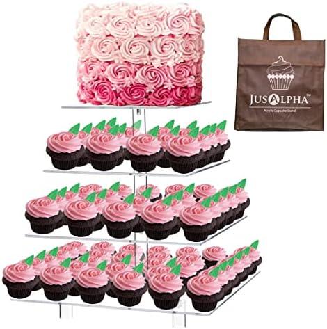 Jusalpha® 13.5'' Width Extra Large 4 Tiered Acrylic Glass Square Cake Stand-Cupcake Stand- Dessert Stand-Tea Party Serving Platter-Candy Bar Party Décor, 4SFL (Square)