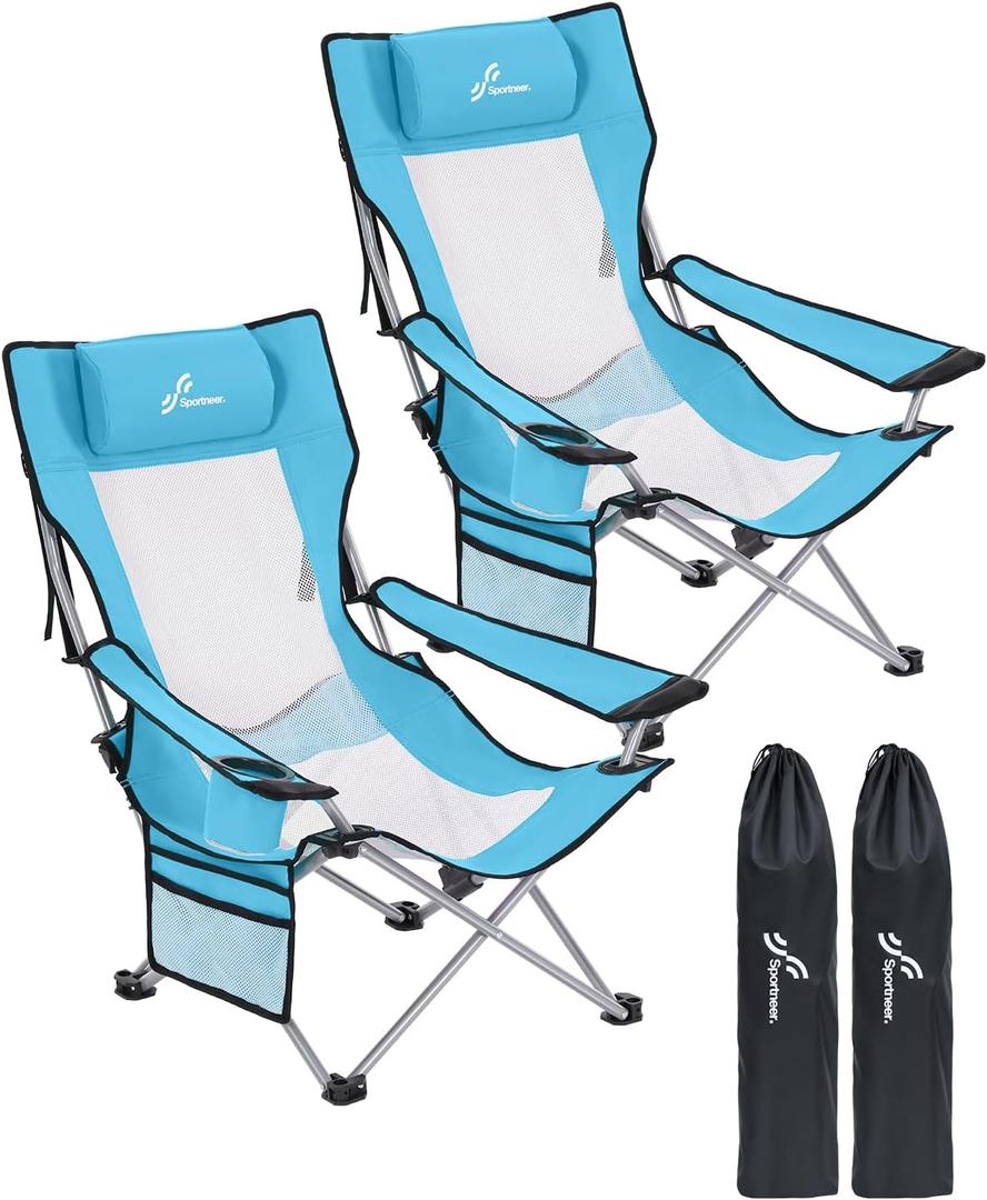 Sportneer Beach Chair: Adjustable Folding Chair with Cup Holder & Side Pocket - Portable & Compact Beach Chairs for Adults with Reclining Positions for Camping Picnic and Outdoor, Blue 2 Pack