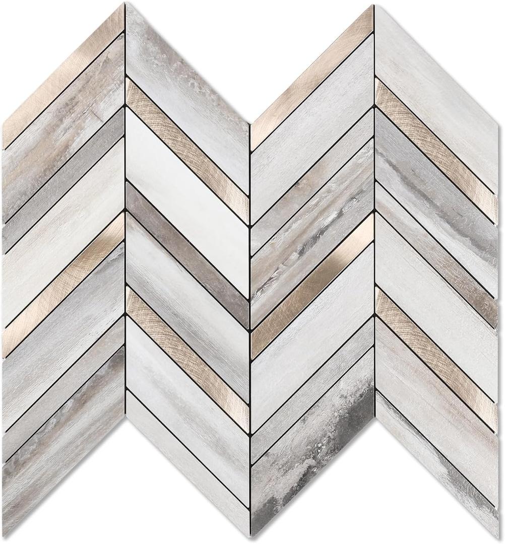 Yipscazo 10-Sheet Wood Grain Herringbone Peel and Stick Backsplash for Kitchen Walls,Heat Resistant PVC Mixed Metal Stick on Backsplash Tiles, Waterproof Peel and Stick Tile for Bathroom & Shower