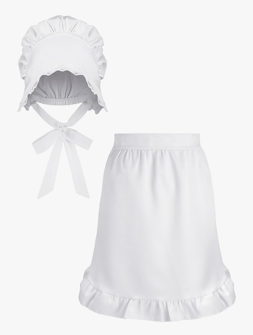 Newcotte 2 Pieces Women Colonial Costume Accessory Set Include White Mob Cap Bonnet Cotton Half Apron for Maid Girl Cosplay White