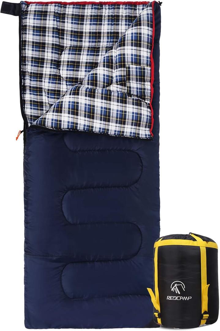 REDCAMP Outdoors Cotton Flannel Sleeping bag for Camping Hiking Climbing Backpacking, 3-season Trip Warm S Envelope Sleeping Bags 75 by 33 Inches (Navy Blue with 2lbs Filling)
