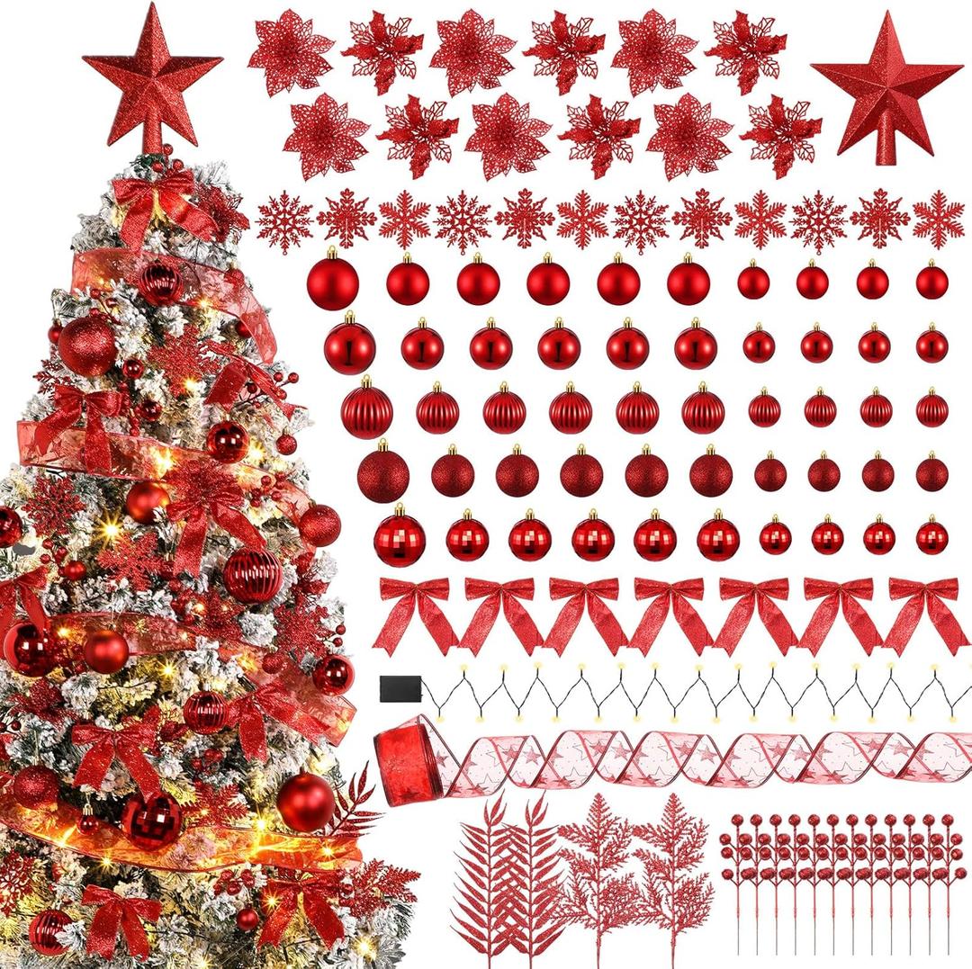 Poen 108 Pcs Christmas Tree Ornament Set Including Xmas Tree Ball Glitter Poinsettia Bows Berries Stems Leaves Snowflakes Ribbon Lights for Christmas Decoration (Red)