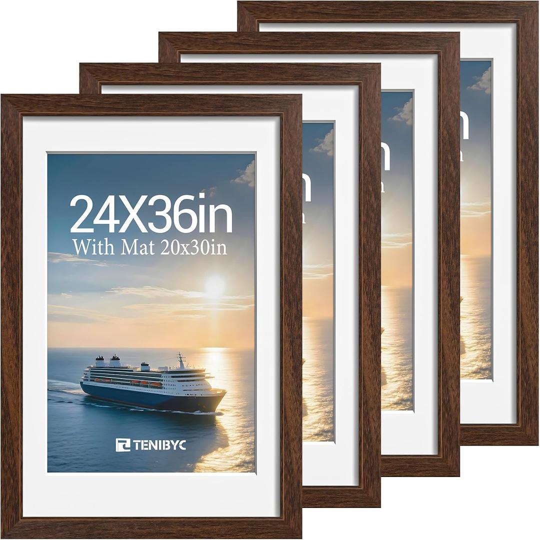 24x36 Poster Frame 4 Pack, 20x30 Mat, Brown Wood, for Picture