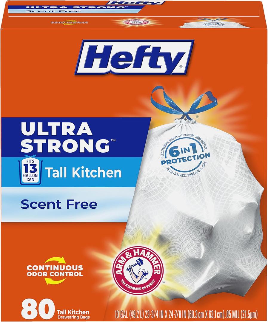 Hefty Ultra Strong 13 Gallon Trash Bags, Tall Kitchen Trash Bags 13 Gallon Size, Drawstring Closure, Continuous Odor Control, White, Unscented, 80 Bags