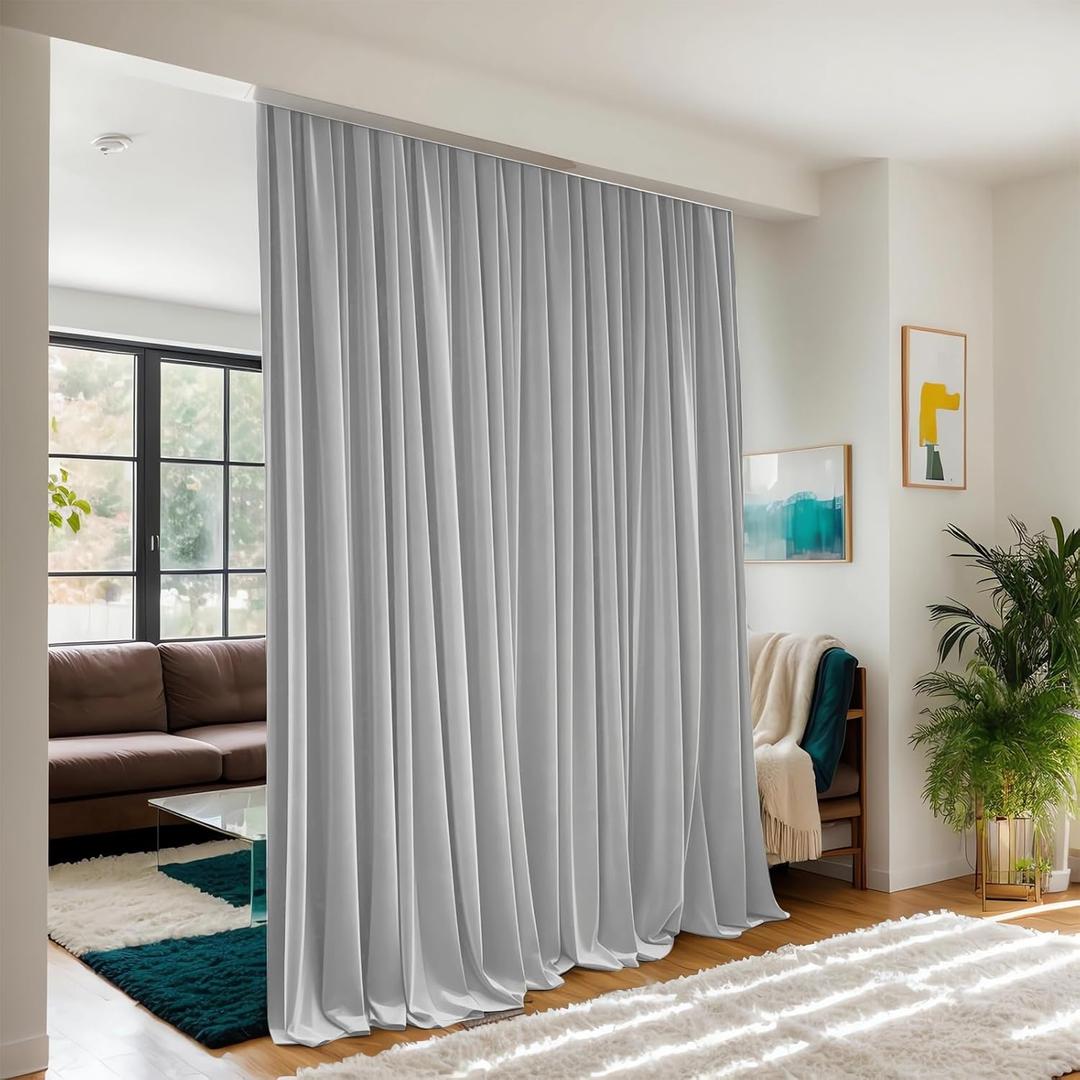 Floor to Ceiling Curtains for Wall Ceiling Mount Track - Blackout Privacy Room Divider Curtains for Ceiling Track System or Rod With Hooks - Soundproof Room Separator Extra Wide Curtain, 1 Panel (Grey)