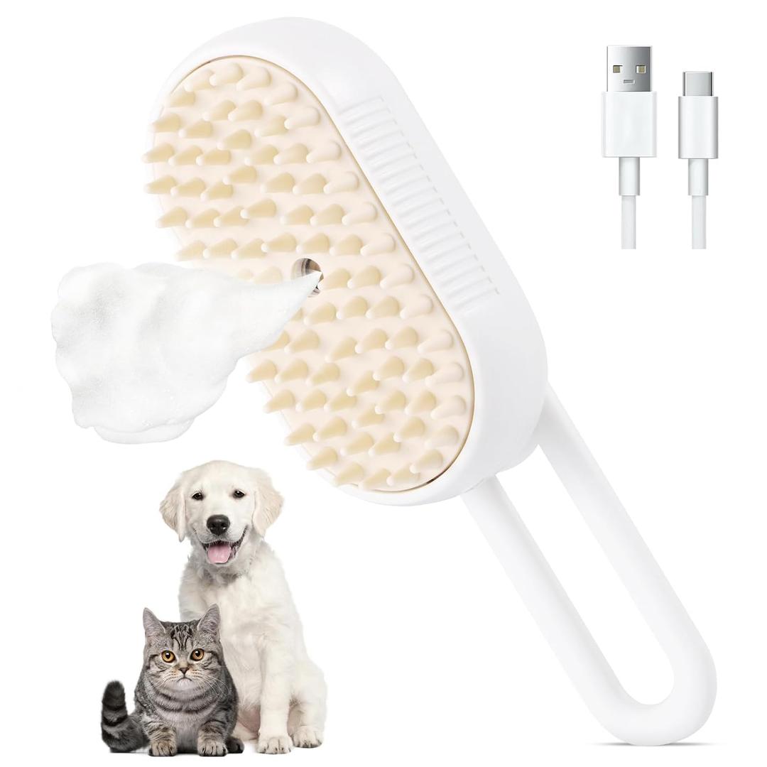 2 x Cat Steam Brush for Shedding, Self Cleaning Steamy 3 in 1, Spray Silicone Massage Comb, Hair Removal Tool with Handle Multifunctional Grooming Brush for Cats Dogs (White)