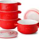 Soup Bowl with Handle, Ceramic French Onion Soup Bowl with Lid, Microwavable Bowls with Lid Set of 4 for Soup, Cereal, Oatmeal, Red