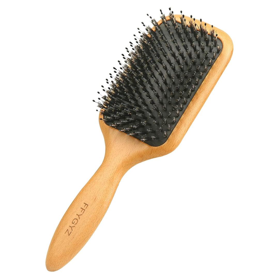 Boar Bristle Wooden Hair Brush - Premium Grade A Beechwood Paddle Handle, Redistributes Scalp Oils for Healing Dry Hair, Enhances Shine & Smoothness, for All Hair Types, for Men, Women, Kids, Elderly