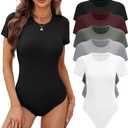 BALENNZ 5 Pack Bodysuits for Women Short Sleeve Round Neck Bodysuit Tops Crew Neck Basic Casual Stretchy Tshirt Bodysuits Large