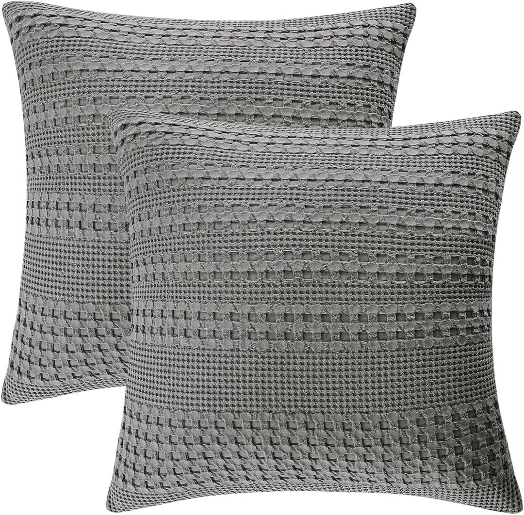 PHF 100% Cotton Waffle Weave Euro Sham Covers, 2 Pack 26" x 26" Bed Pillow Covers for Elegant Home Decor, No Filling, Luxury Aesthetic Soft Euro Pillow Cases for Bed, Dark Grey