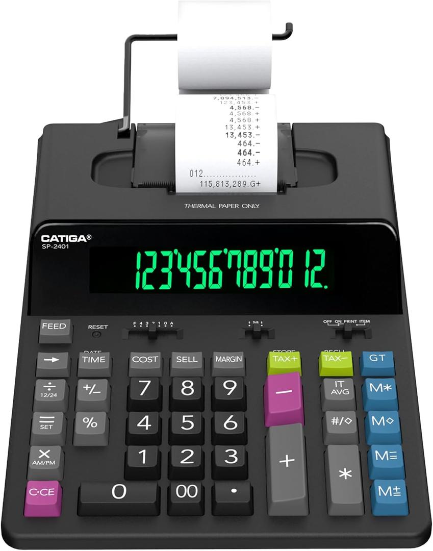 CATIGA 12 Digit Thermal Printing Calculator with Tape Print Out, InkFree Adding Machine, 5X Faster Quite at 8.0 LPS, Extra Large Fluorescent Display, Tax Calculation with Clock and Calendar, SP2401
