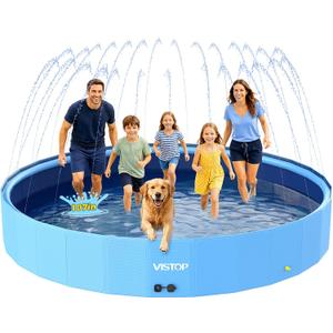 VISTOP 107" Foldable Dog Pool with Sprinkler, Extra Large Kiddie Pool for Kids & Pets, Non-Slip Hard Shell Collapsible Backyard Splash Pad for Outdoor Summer Water Play