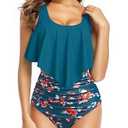 Tempt Me Women Teal Floral Two Piece High Waisted Bikini Swimsuit Ruffle Bathing Suits Tummy Control Tankini XL