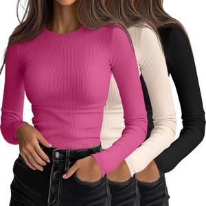 Ficerd 3 Pack Women's Ribbed Long Sleeve Tops, Crew Neck Slim Fit Undershirts Knit Basic Casual Stretch Layering Tee Shirts (Yellow, M)