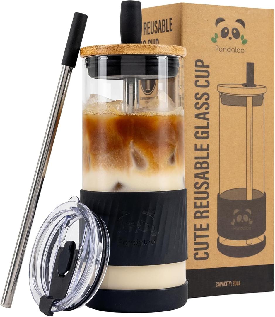 Pandaloo Glass Cups With Lids and Straws -20 Fl Oz- Perfect Size Iced Coffee Cup - Smoothie Cup With Bamboo Lid and On the go Lid - Glass Tumbler With Straw (1 Count (Pack of 1), Black Saphir)