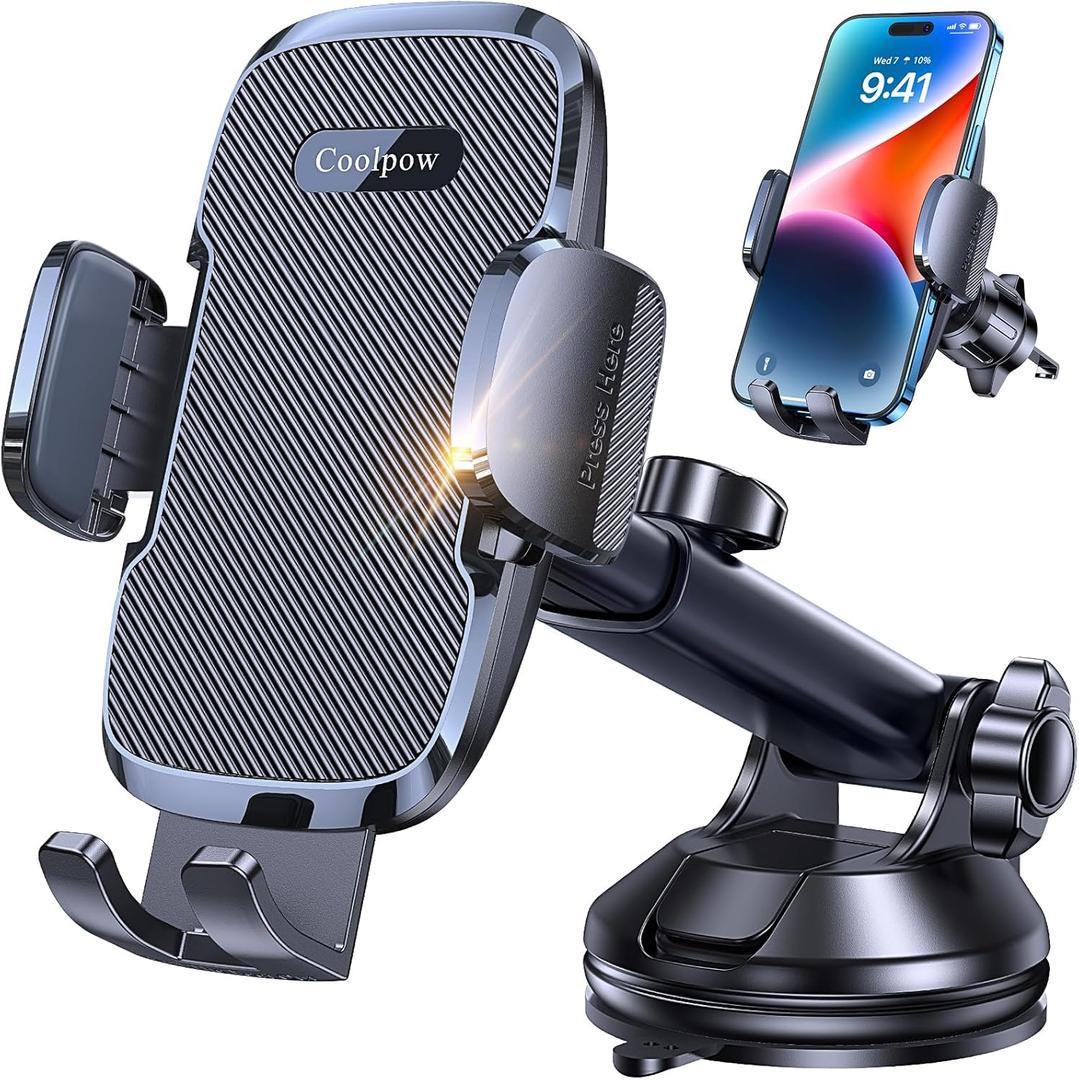 Coolpow 3-in-1 Car Phone Holder MountStrongest Suction & Military-Grade Cell Phone Holders for Your Car Dashboard Phone Holder Automobile Cradle Truck Mount Stand for iPhone Android All Smartphones (Fabric Texture)