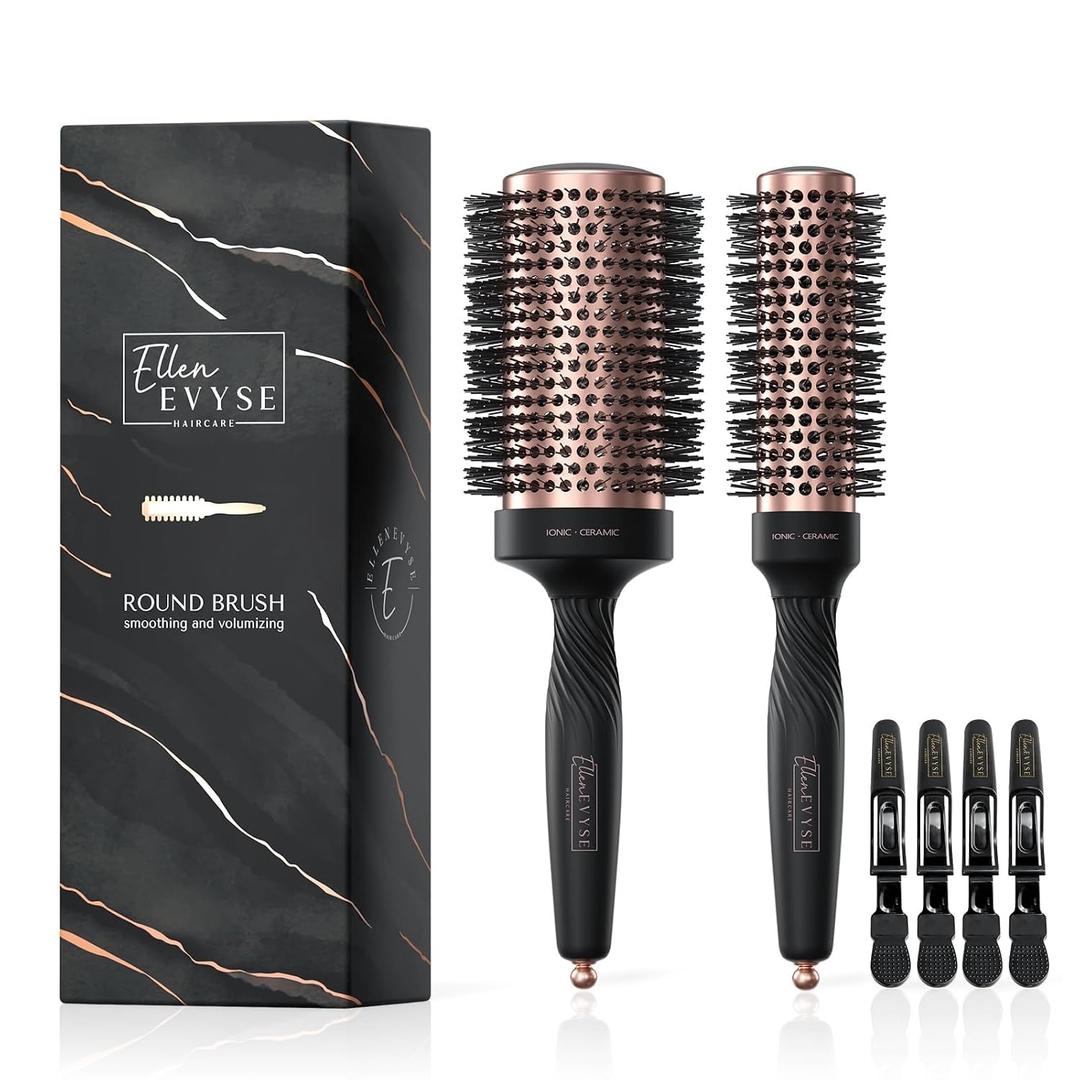 Round Brush for Blow Drying, Ceramic Coated Barrel for Volumizing & Shine, Lightweight Styling Brush for Straightening, Curling,with 4 Hair Clips (1.3inch&2.1inch)