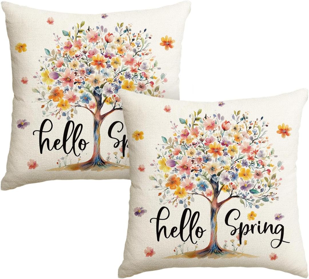 AVOIN colorlife Hello Spring Trees Flowers Throw Pillow Covers, 18 x 18 Inch Watercolor Cushion Case Decoration for Sofa Couch Set of 2