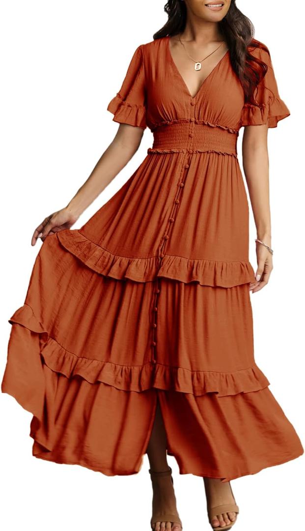 Amegoya Women's Summer Boho Tiered Maxi Dress V Neck Smocked High Waist Long Flowy Dress, Burnt Orange, M
